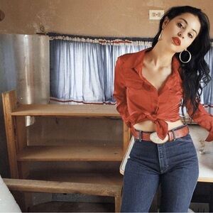 Terra Cotta Rust Orange Silk/Satin Cropped Elvira Button Up seen on Alexa Demie!